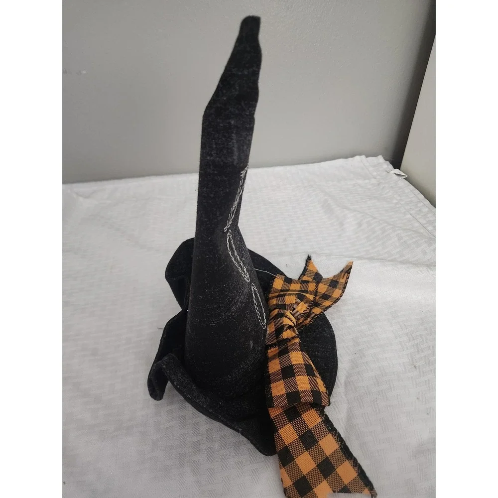 Halloween Table Decor Black Fabric Witch Hat Boo Plaid Bow Spooky Ornament NWT